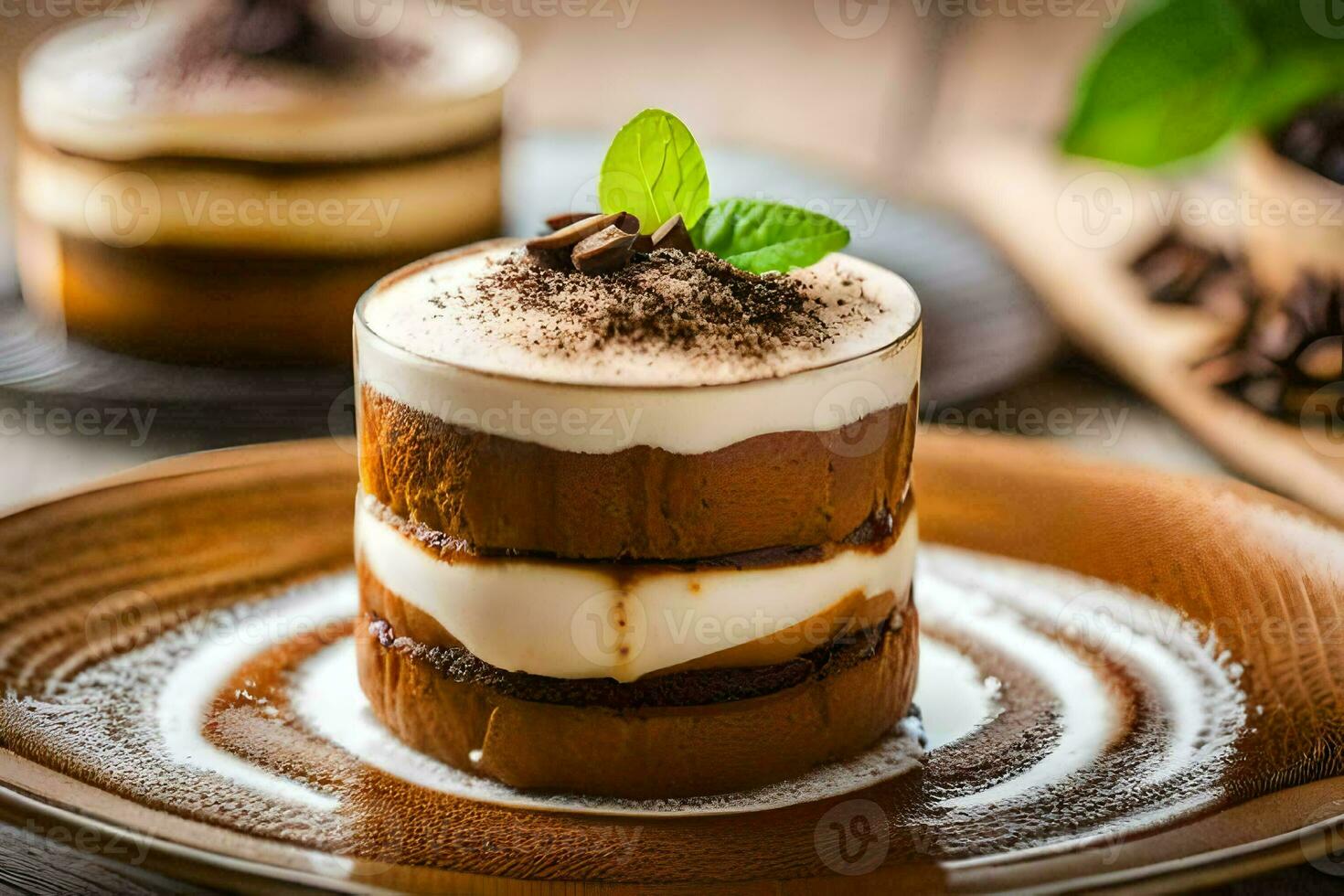 a dessert with chocolate and coffee on a plate. AI-Generated photo