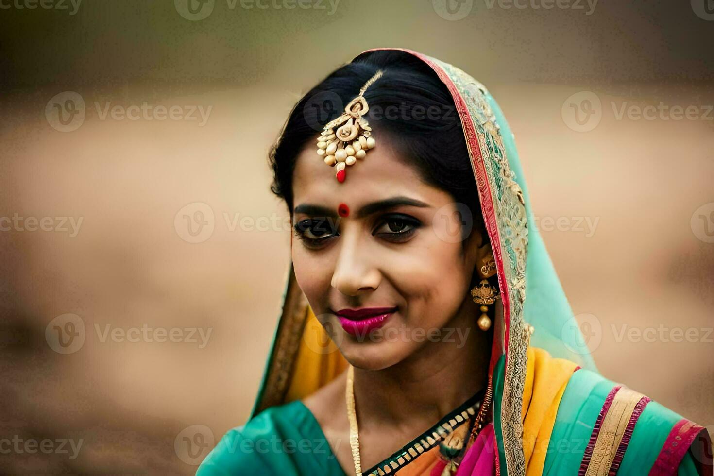 a beautiful indian woman in a colorful sari. AI-Generated photo