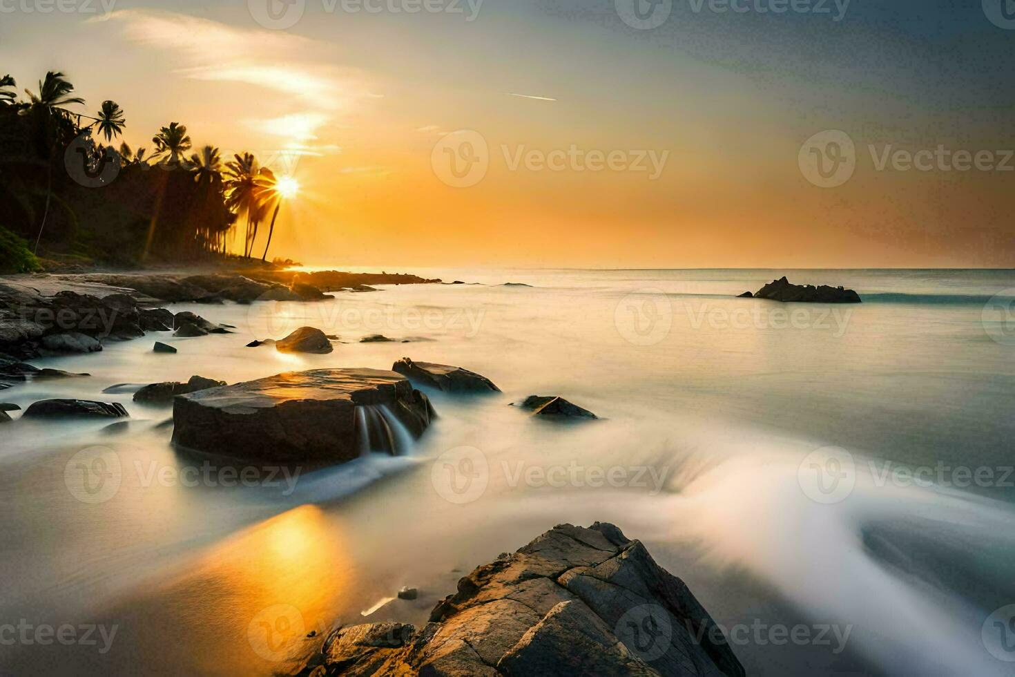 the sun sets over the ocean and rocks. AI-Generated photo