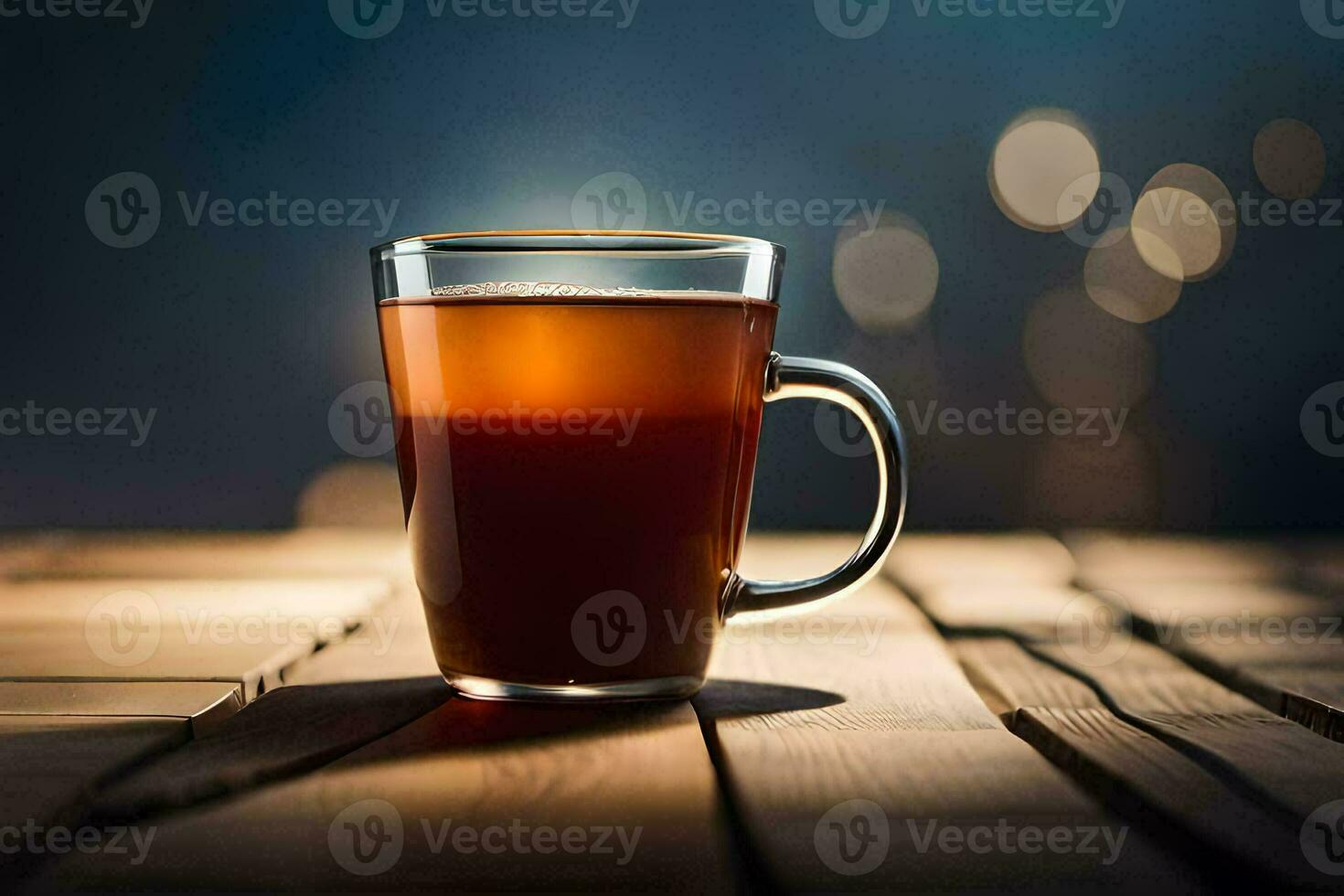 a glass cup of tea on a wooden table. AI-Generated photo