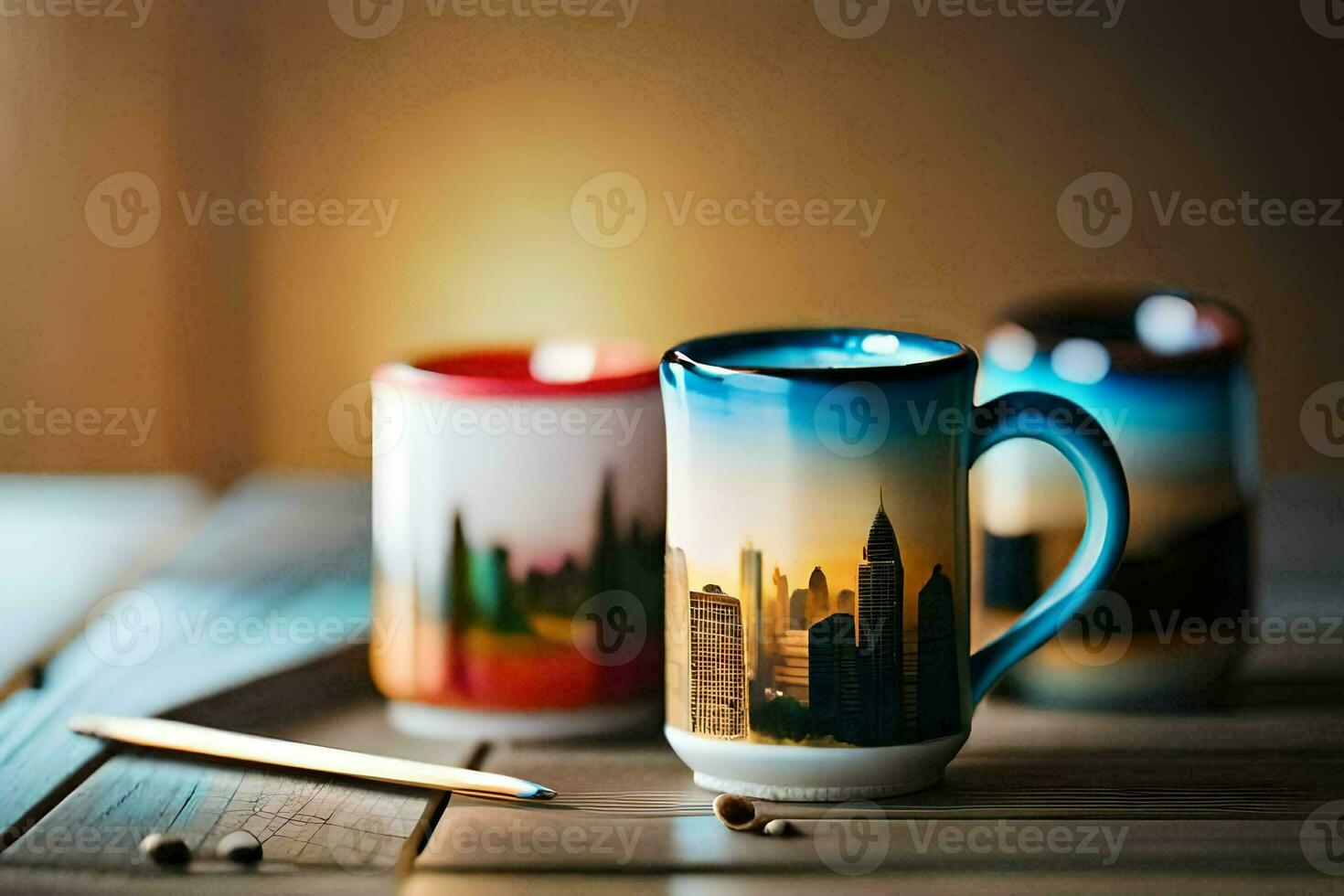 a coffee mug with a cityscape on it. AI-Generated photo