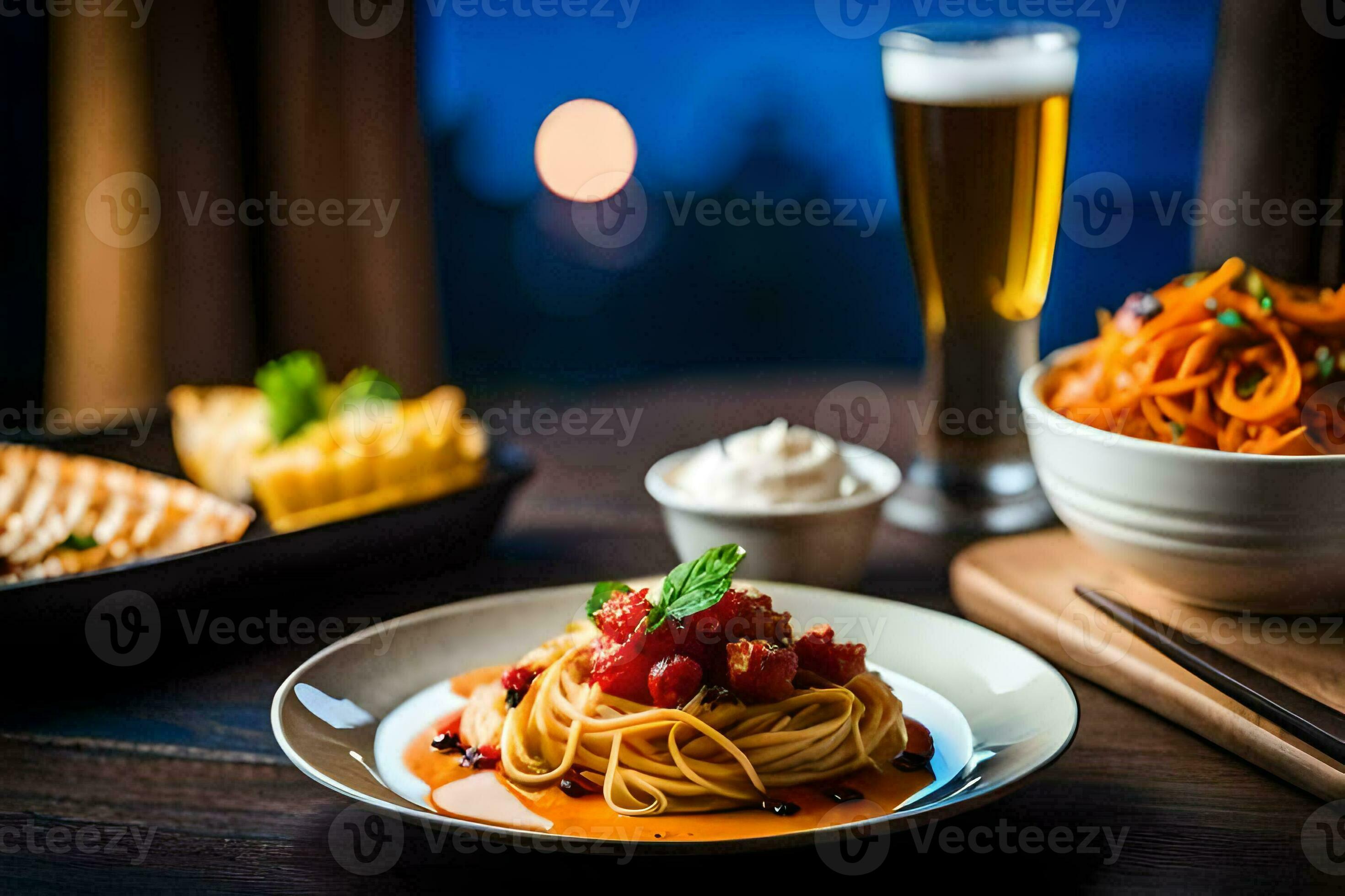a plate of pasta and beer on a table. AIGenerated 30877130 Stock Photo