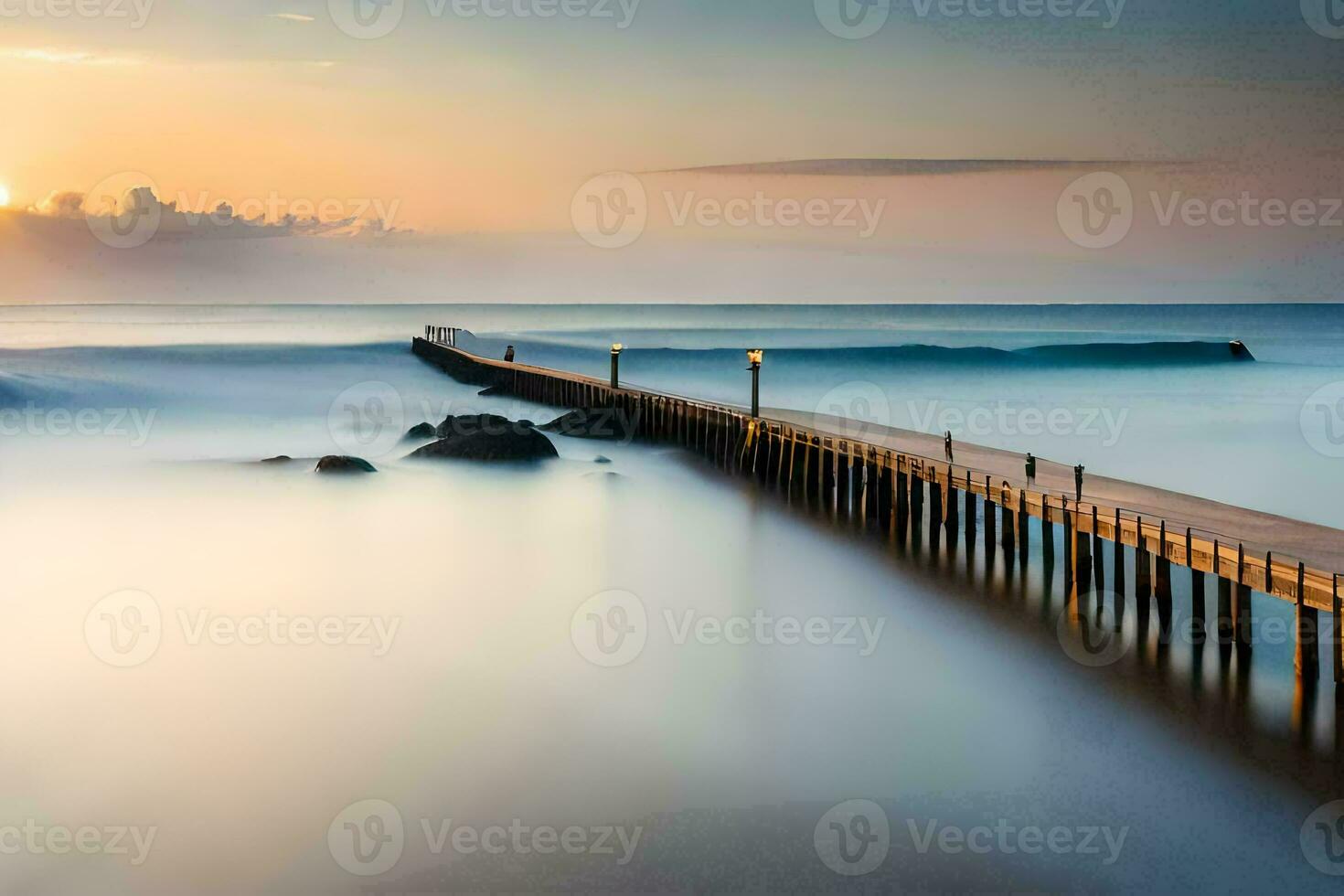 a long exposure photo of a pier in the ocean. AI-Generated