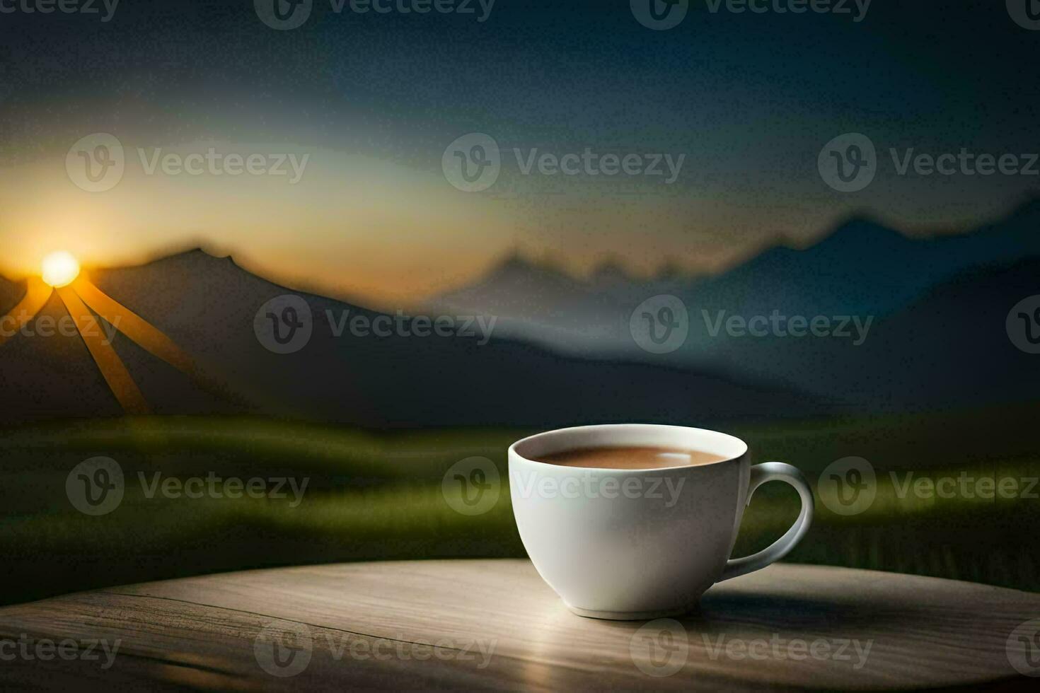 a cup of coffee on a table in front of a mountain view. AI-Generated photo