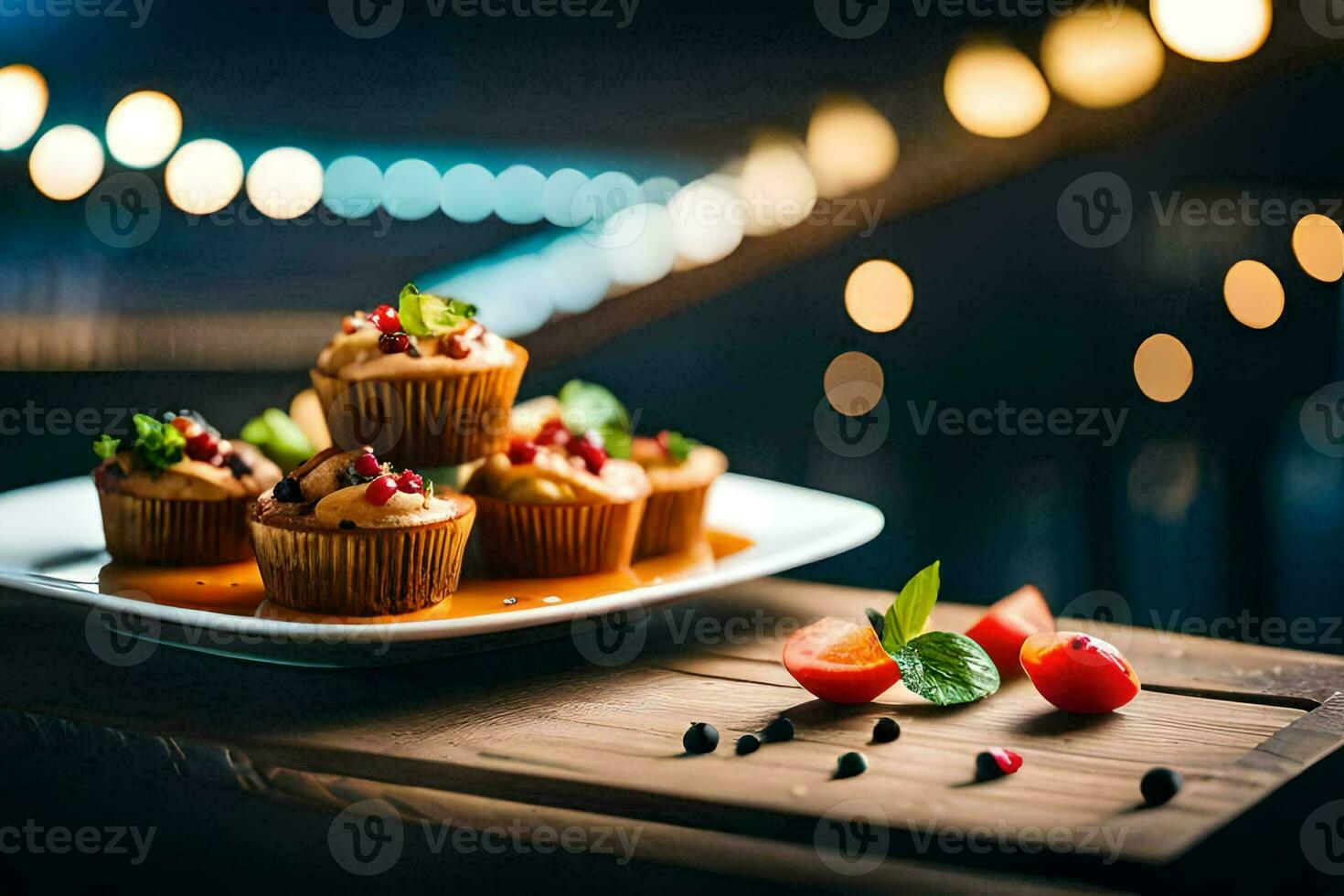 a plate of cupcakes on a wooden table. AI-Generated photo