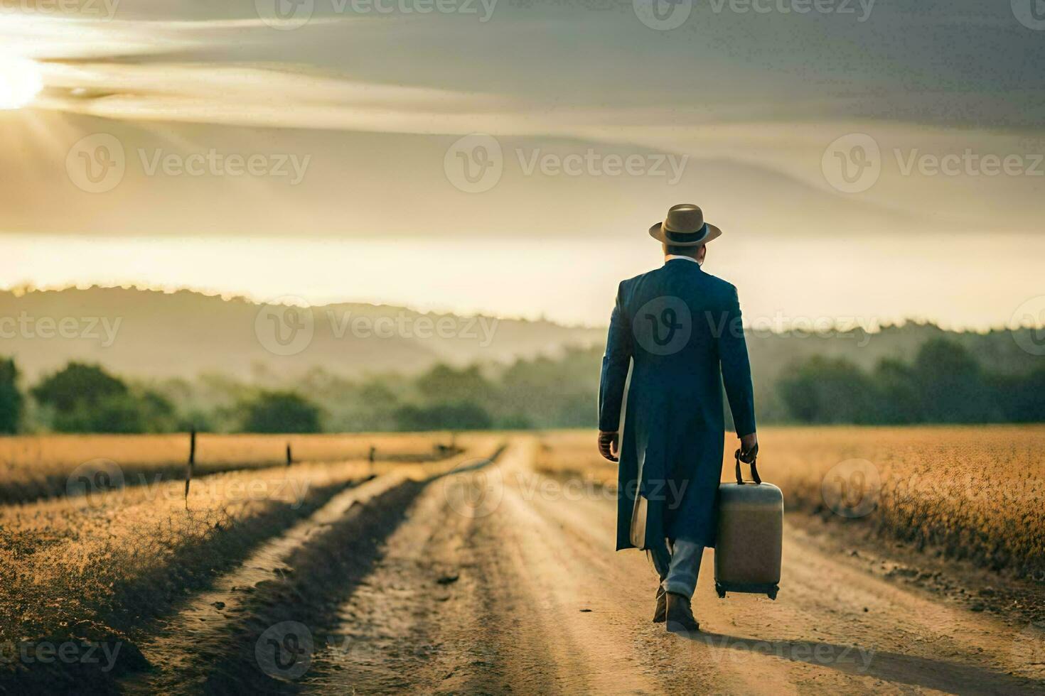 a man in a hat and suit walking down a dirt road with a suitcase. AI-Generated photo