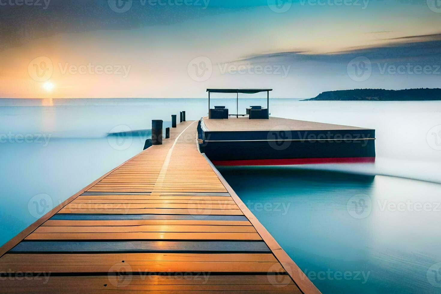 a wooden dock extends into the ocean at sunset. AI-Generated photo