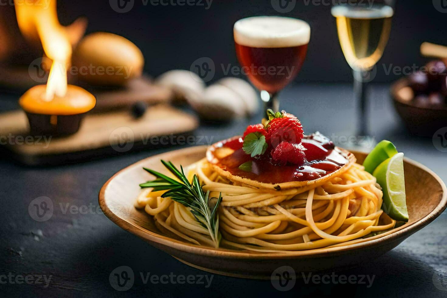 spaghetti with tomato sauce and fresh raspberries on a wooden plate. AI-Generated photo