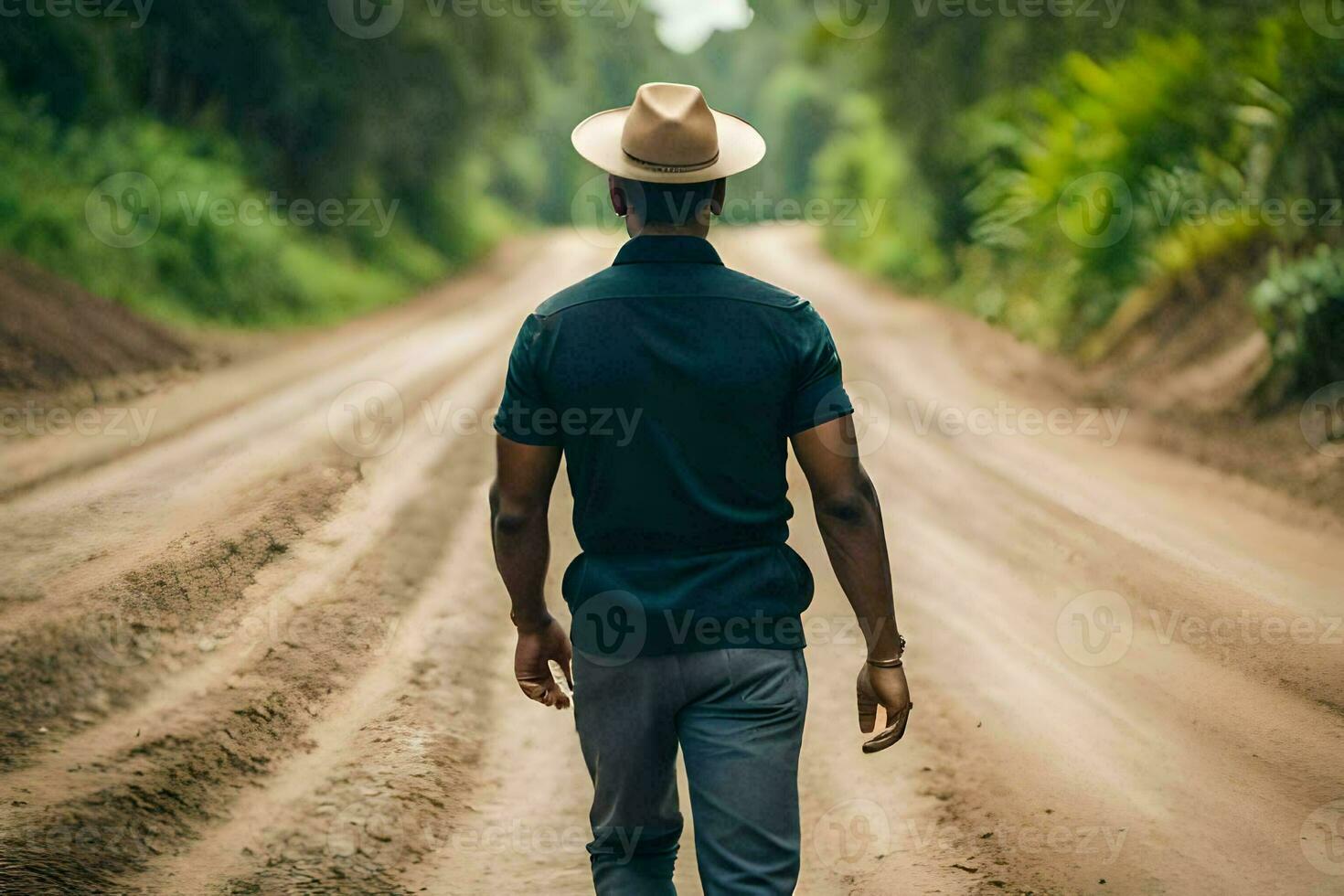 man walking on dirt road in the middle of the forest. AI-Generated photo