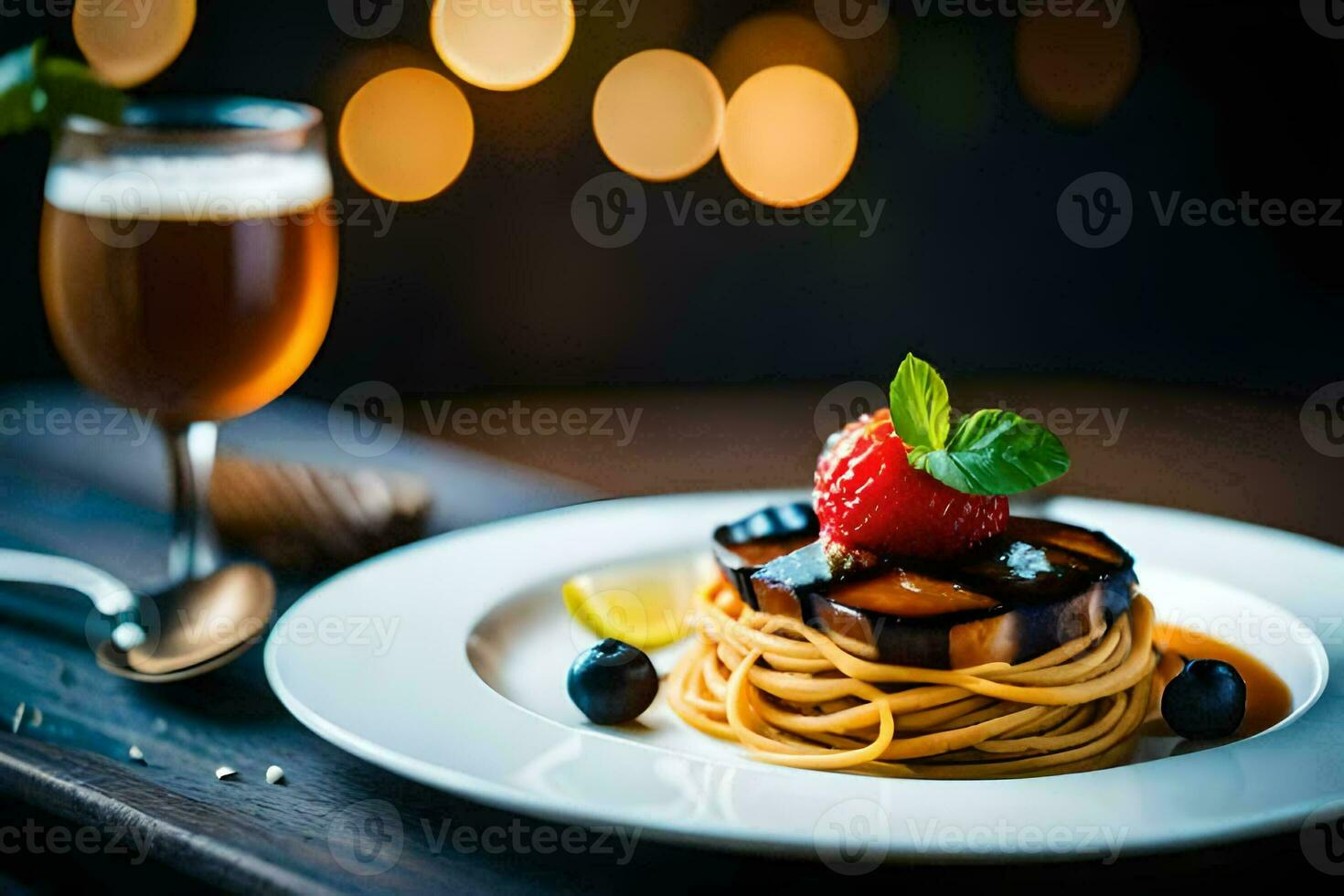 a plate with spaghetti and berries on a wooden table. AI-Generated photo
