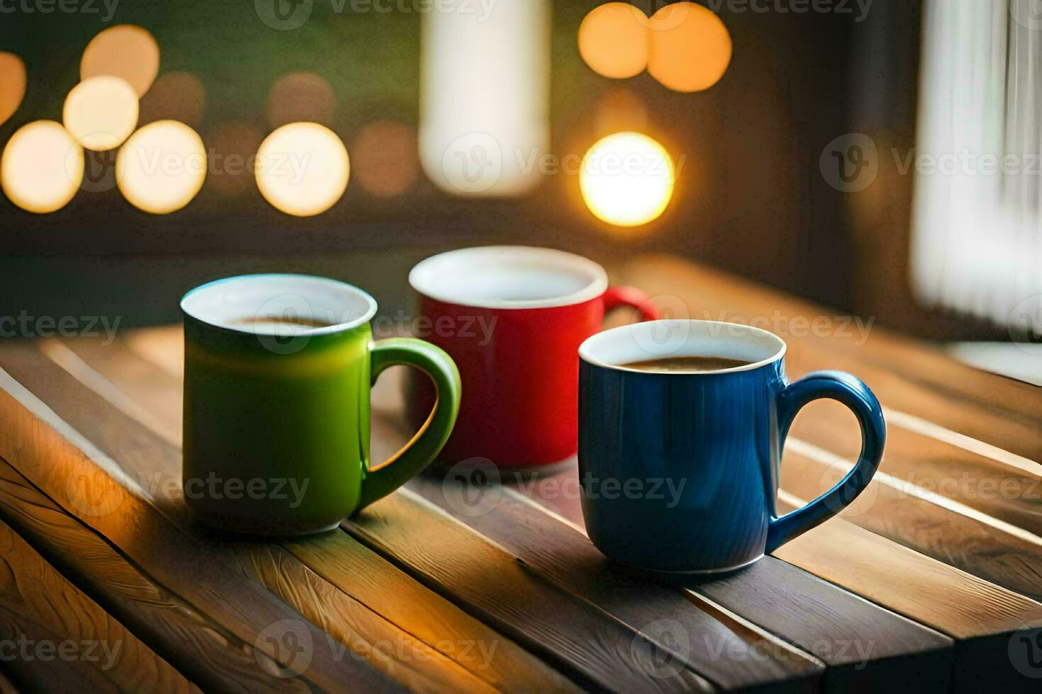 Tres café tazas en un de madera mesa. generado por ai foto