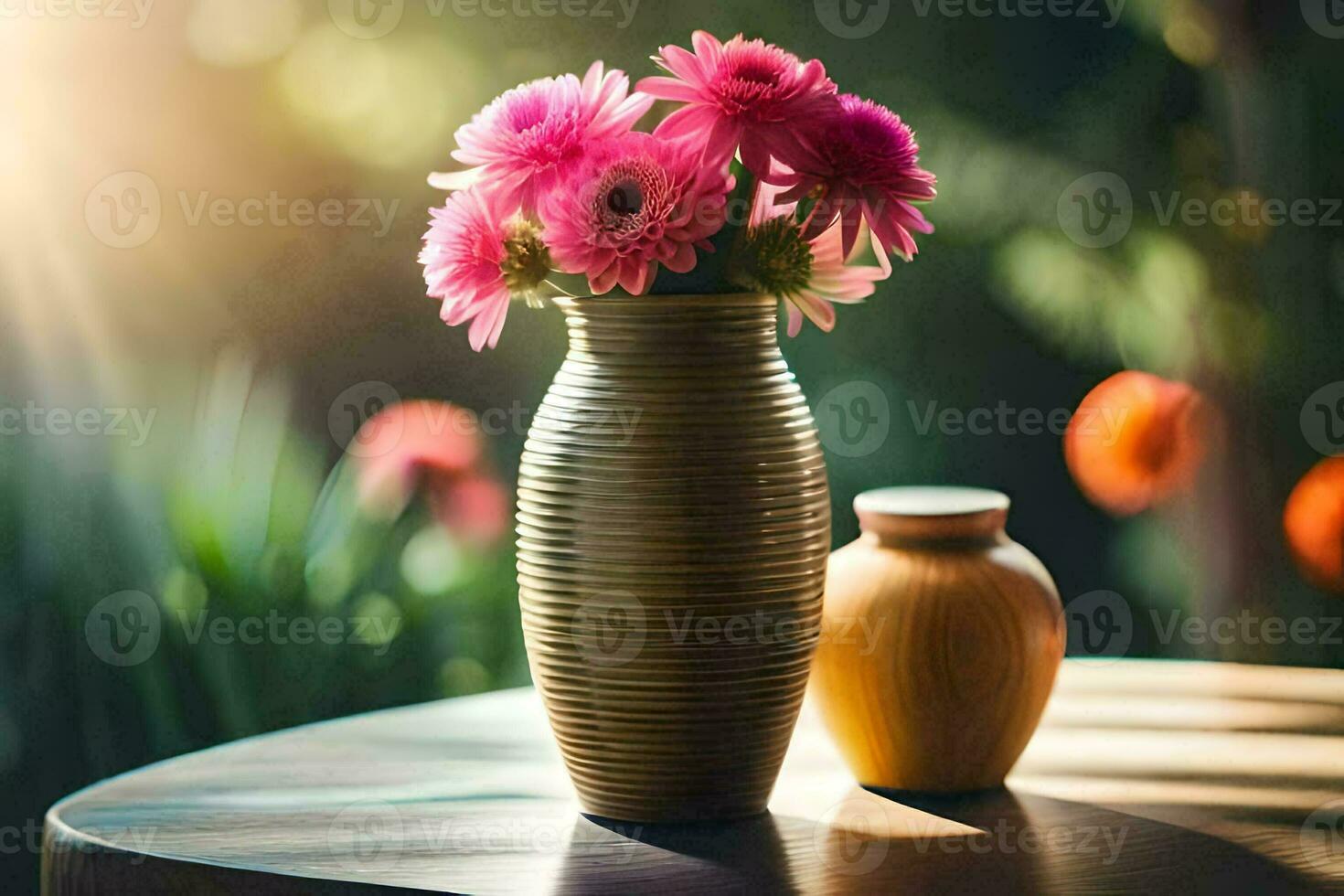 a vase with pink flowers sitting on a table. AI-Generated photo