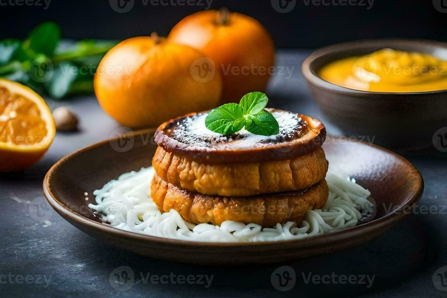 a plate of food with rice, oranges and mint. AI-Generated photo