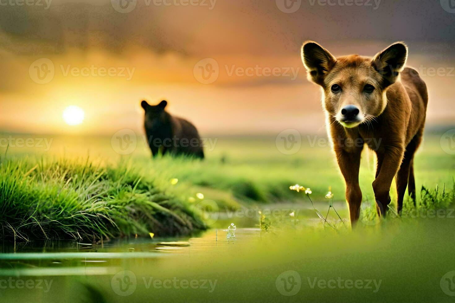 a dog and a bear in the grass at sunset. AI-Generated photo