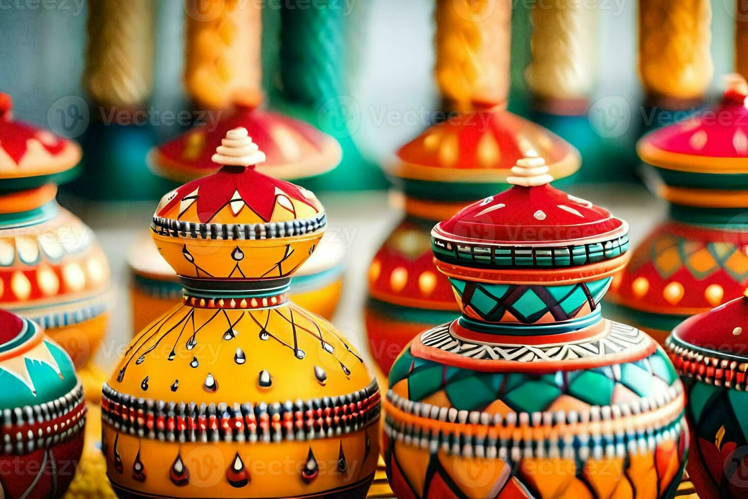 colorful vases are arranged in a row. AI-Generated photo