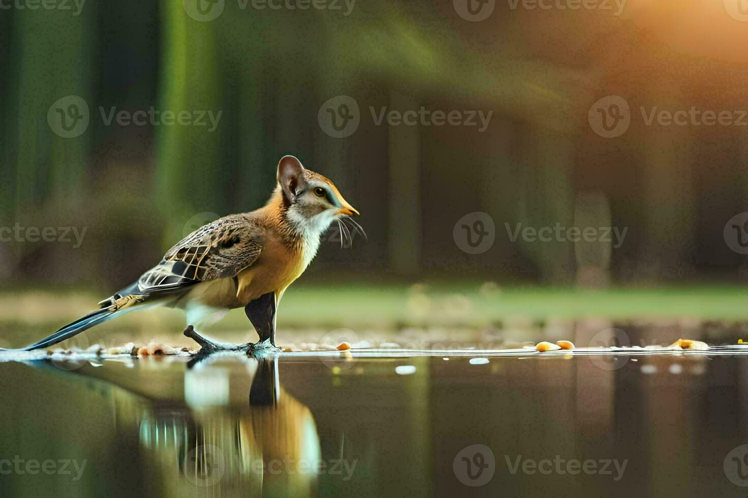 a bird standing on the water with its head down. AI-Generated photo