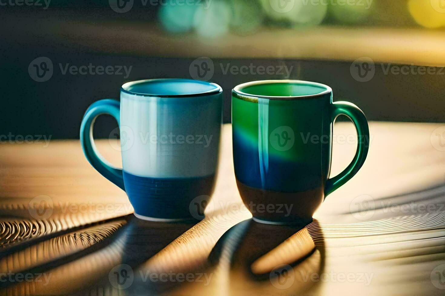 dos café tazas en un de madera mesa. generado por ai foto