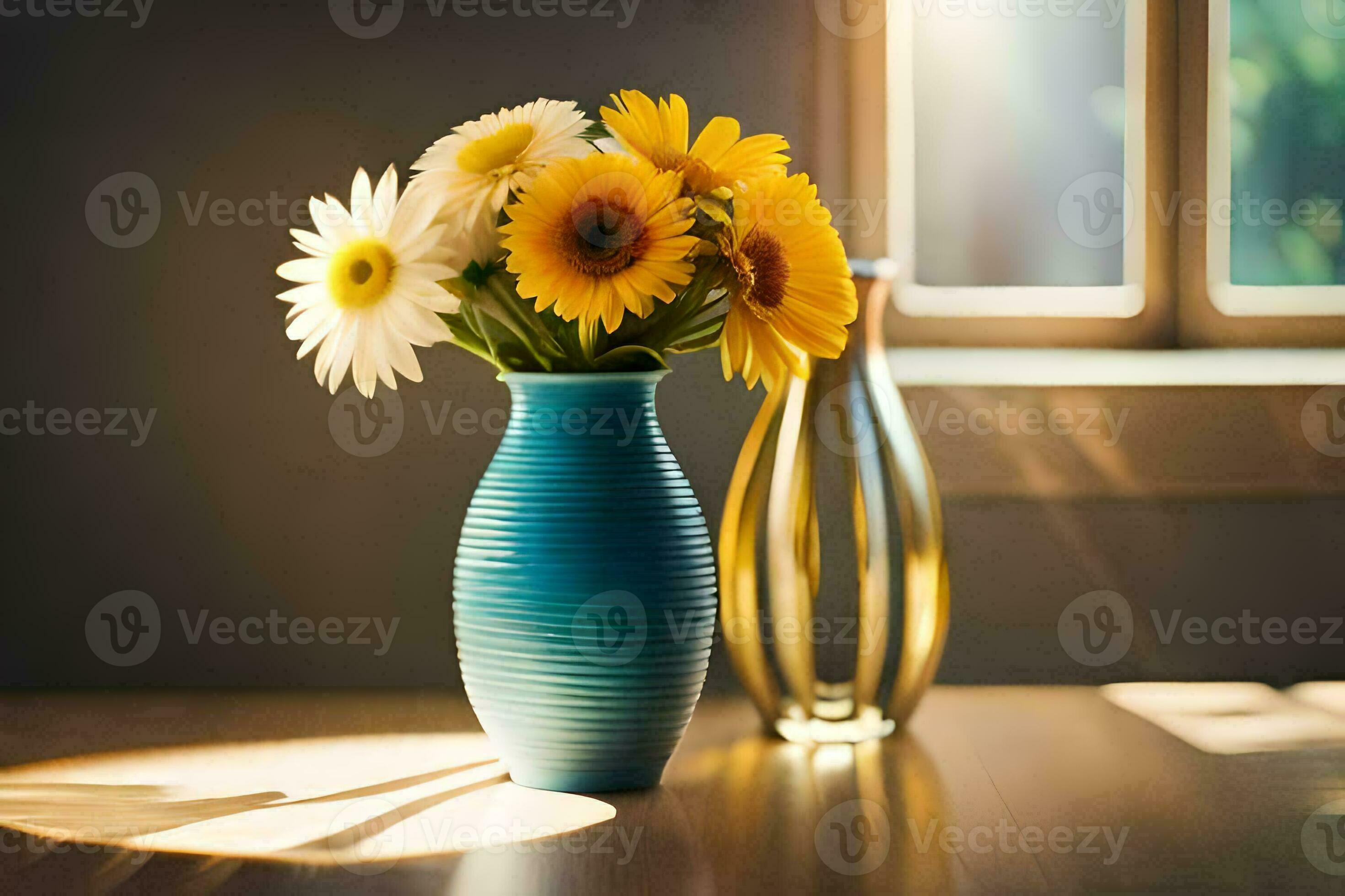 a blue vase with yellow flowers sitting on a table. AIGenerated