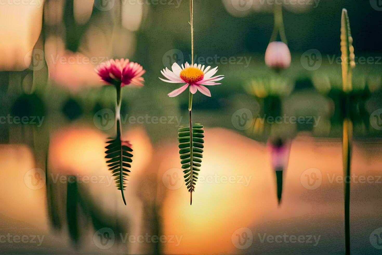 three flowers hanging from a rope in the water. AI-Generated photo