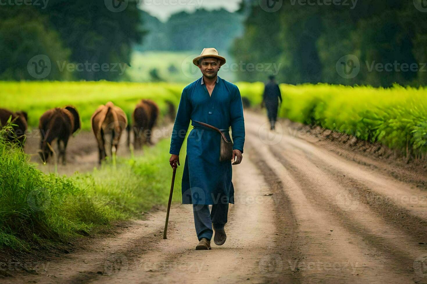 a man walking down a dirt road with cattle. AI-Generated photo