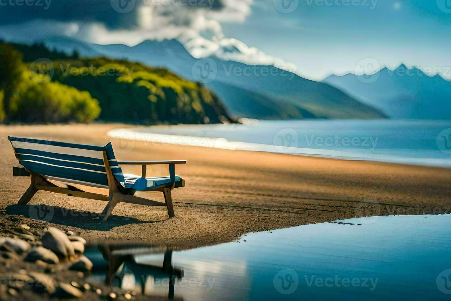 a bench sits on the beach near mountains. AI-Generated photo
