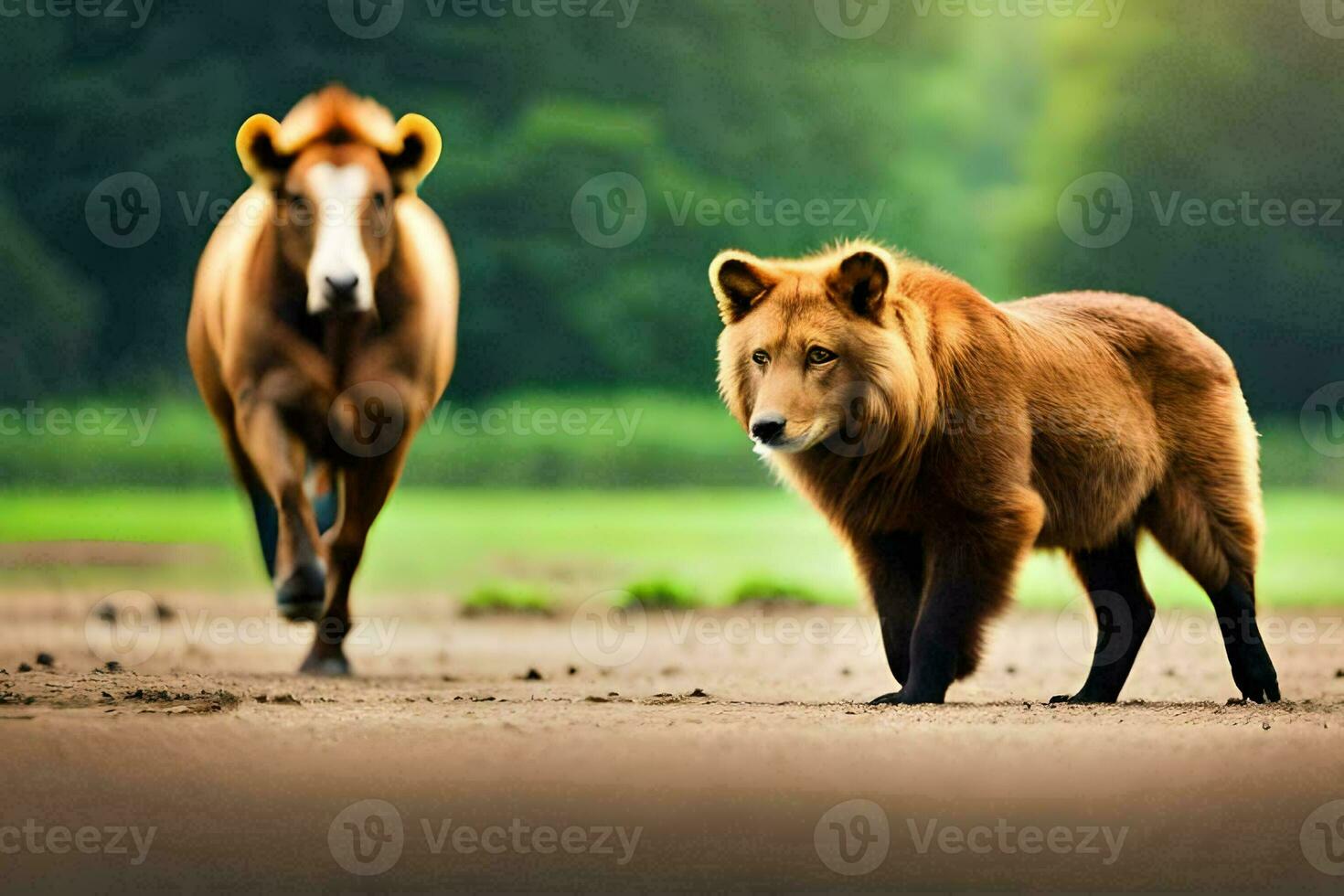dos marrón osos son caminando en el suciedad. generado por ai foto