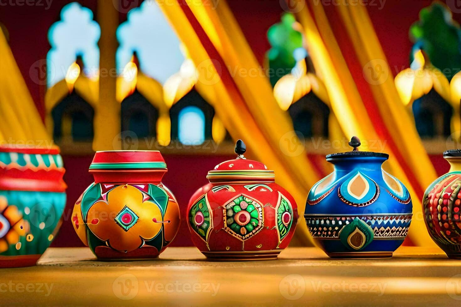 colorful pottery on display in a room. AI-Generated photo