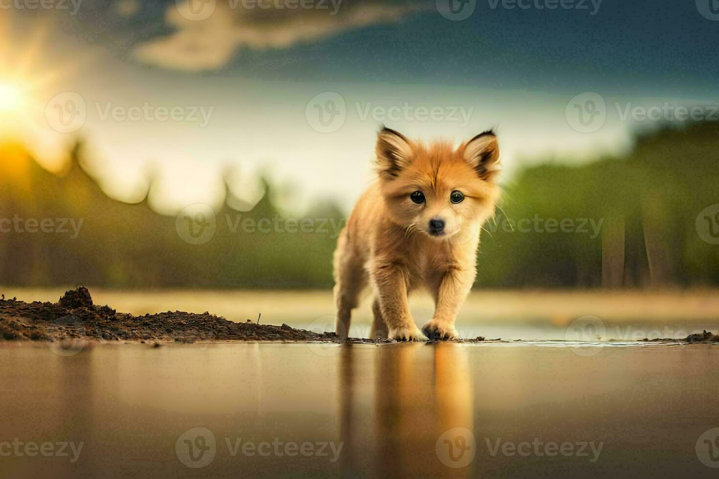 a fox is walking on the beach at sunset. AI-Generated photo