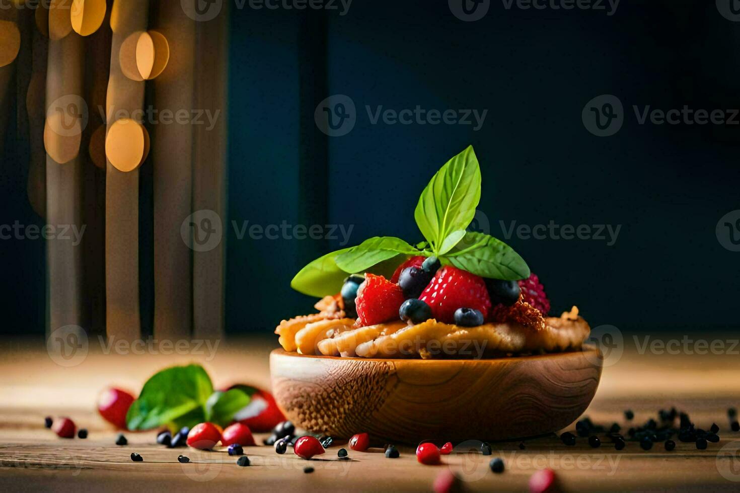 a bowl of berries and nuts on a wooden table. AI-Generated photo