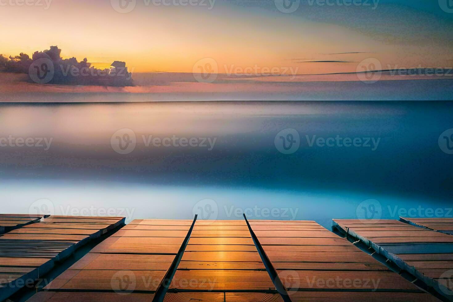 a wooden dock in the ocean at sunset. AI-Generated photo