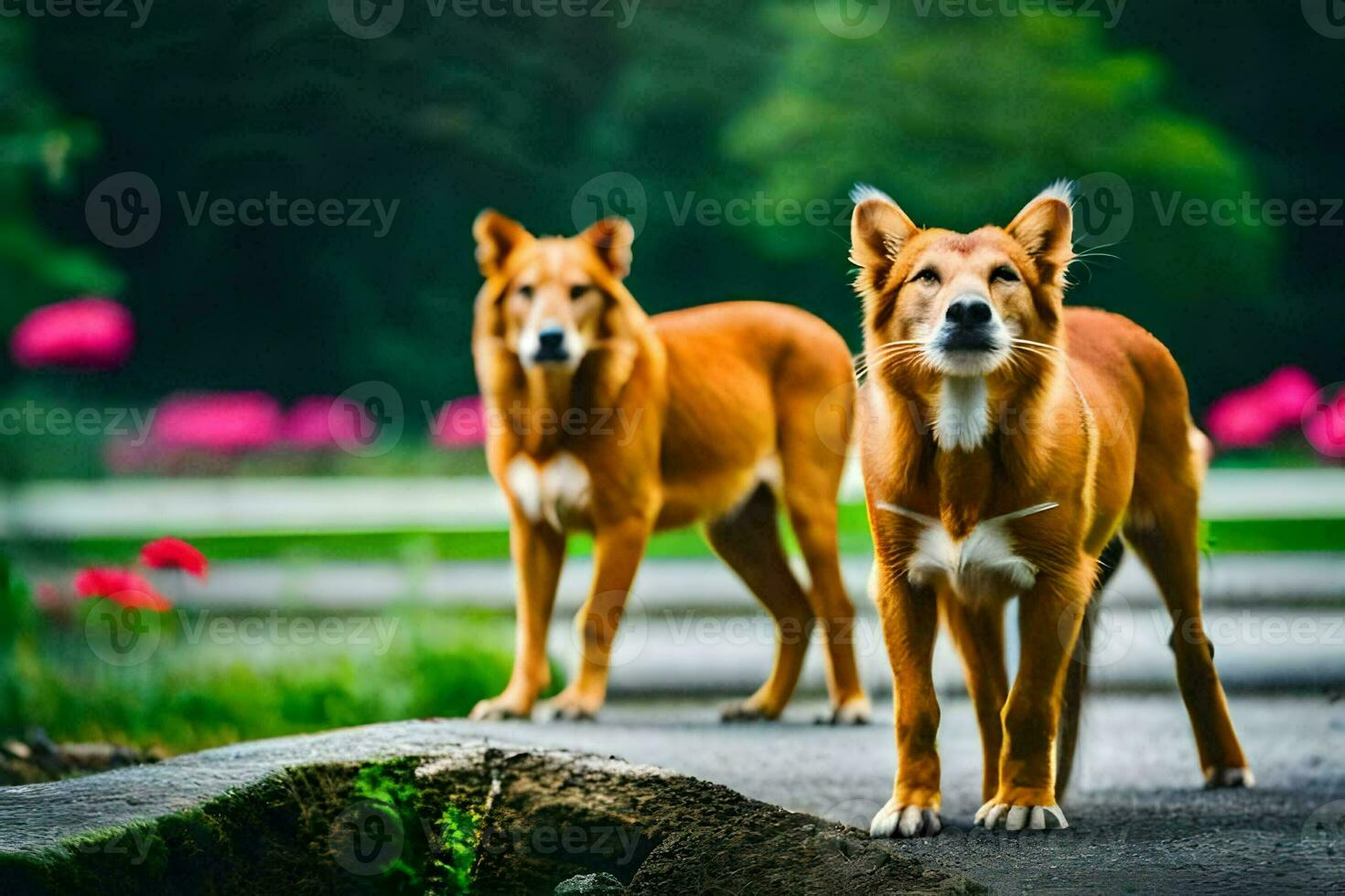 dos perros en pie en el la carretera en frente de un parque. generado por ai foto