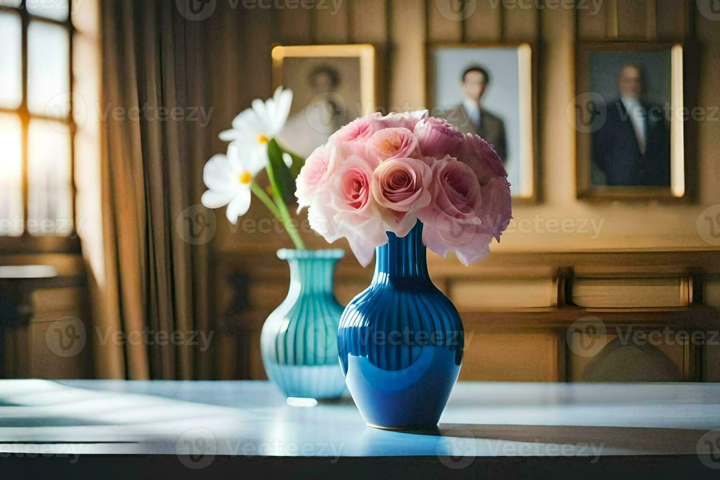 two vases with flowers on a table in front of a window. AI-Generated photo