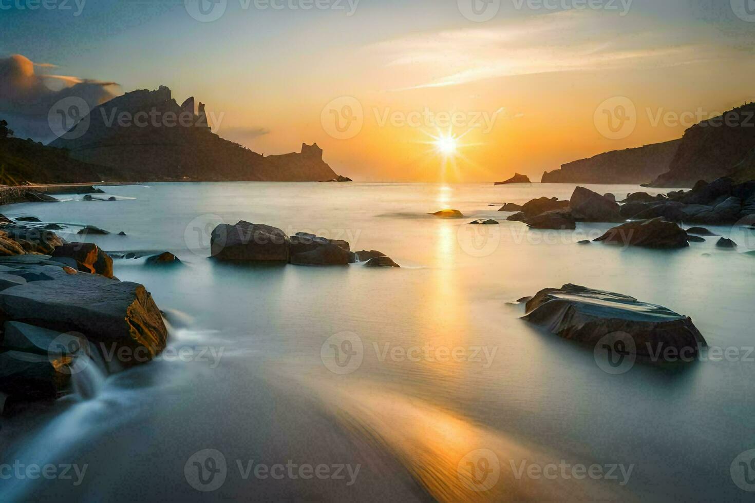 the sun rises over the ocean and rocks. AI-Generated photo