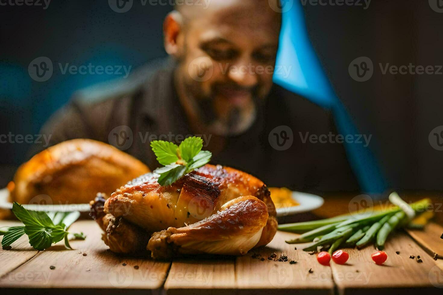 un hombre es sonriente mientras sentado a un mesa con un asado pavo. generado por ai foto