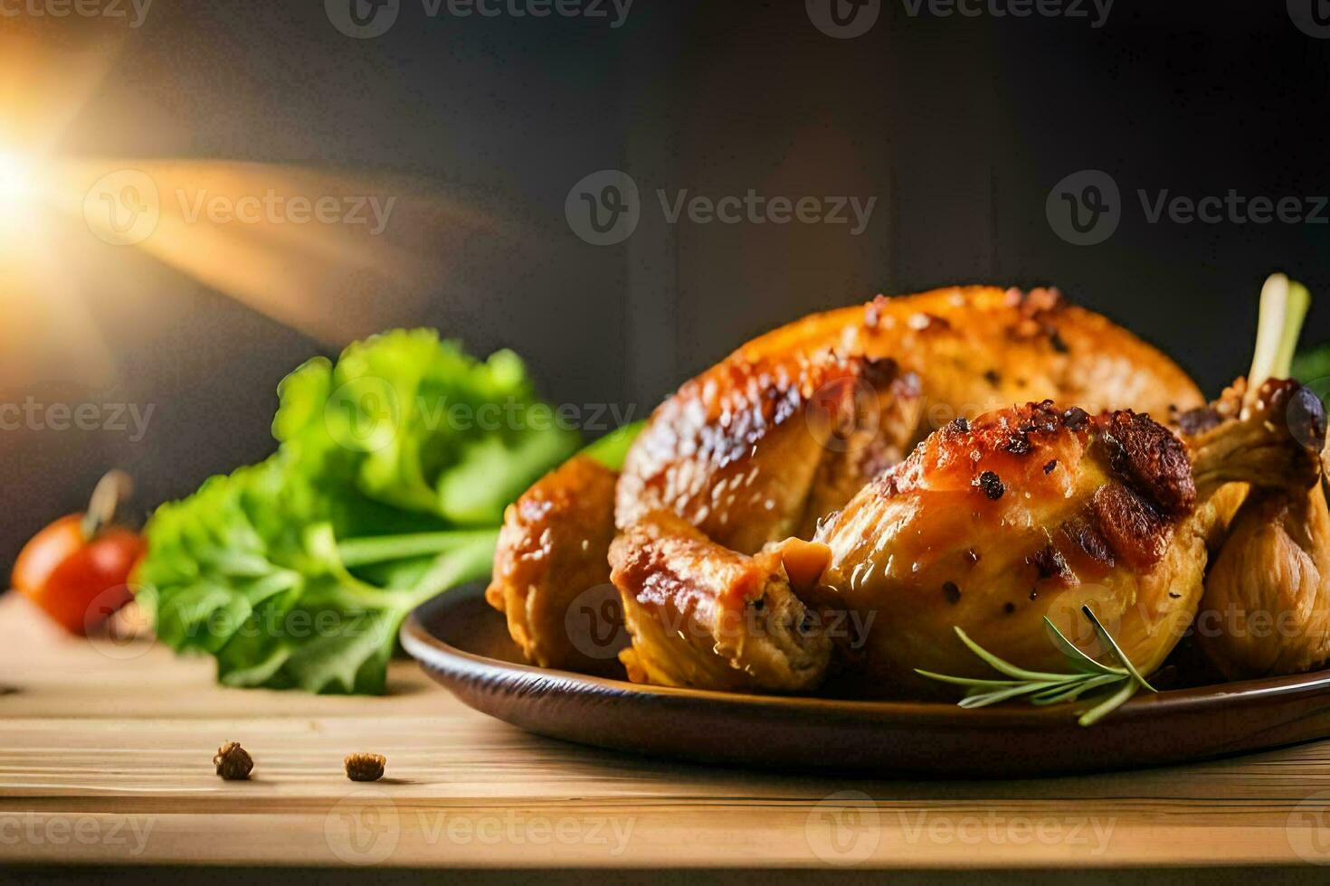 a roasted chicken on a plate with herbs and vegetables. AI-Generated photo