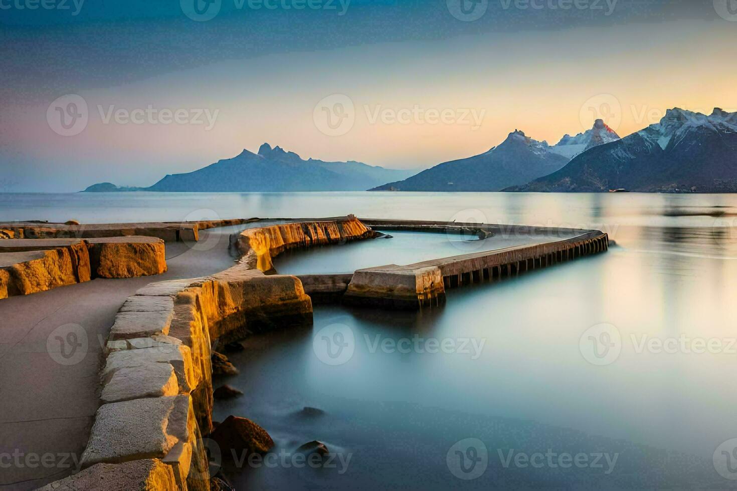 a pier in the water with mountains in the background. AI-Generated photo