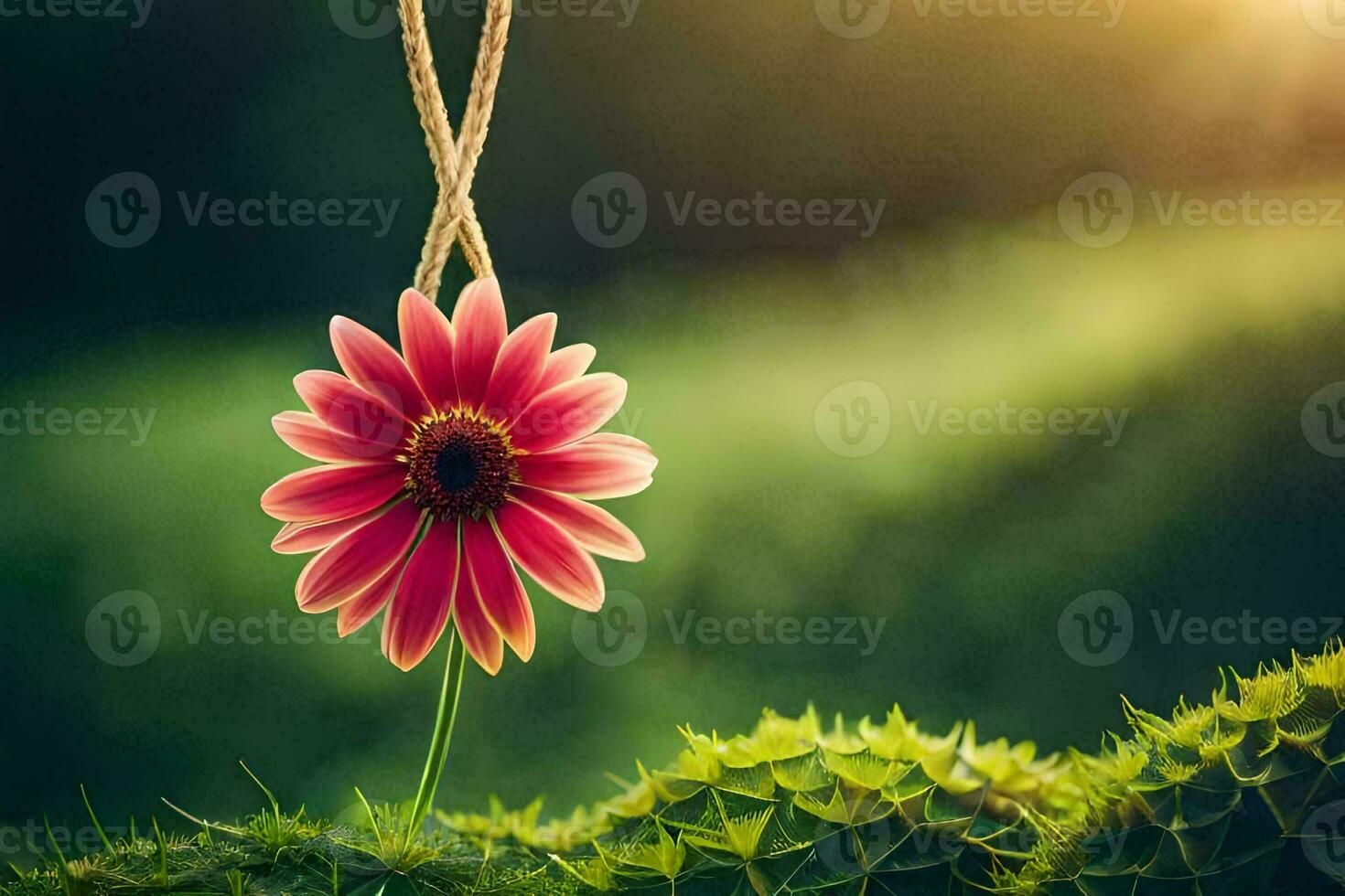 a pink flower hanging from a string. AI-Generated photo