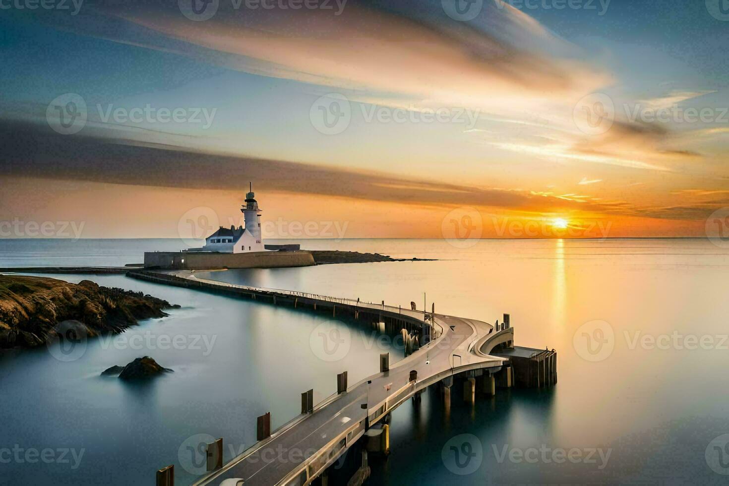 a long exposure photograph of a lighthouse at sunset. AI-Generated photo