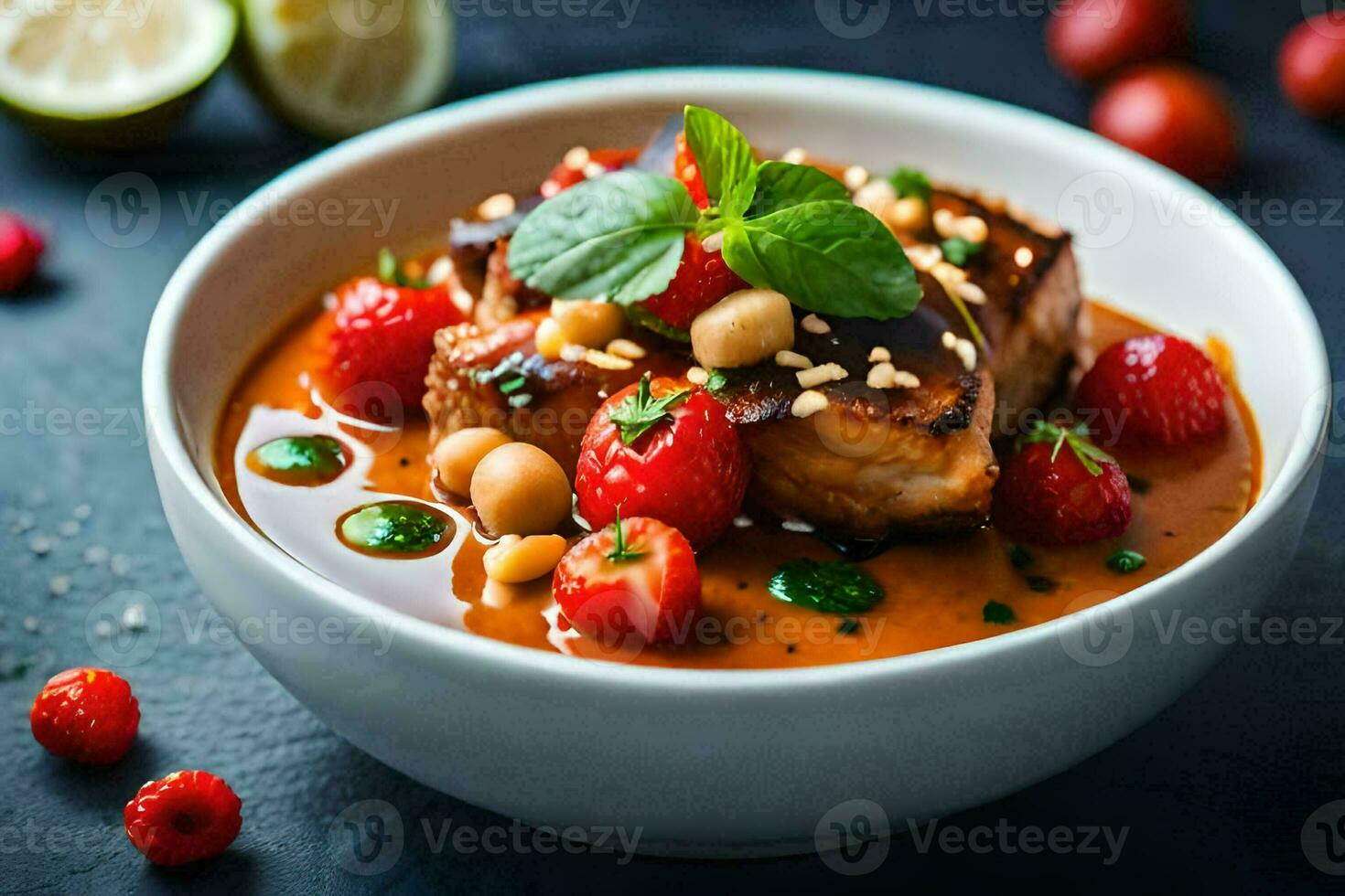 chicken curry with mango and berries in a bowl. AI-Generated photo