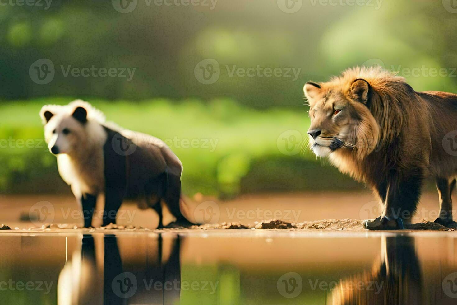 two lions standing next to each other in the water. AI-Generated photo