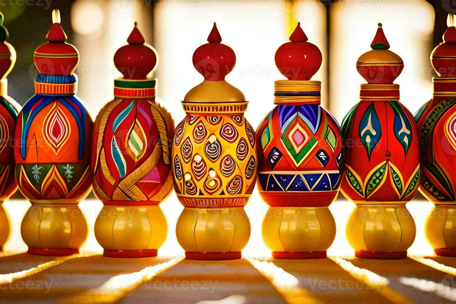 colorful wooden dolls in a row on a table. AI-Generated photo