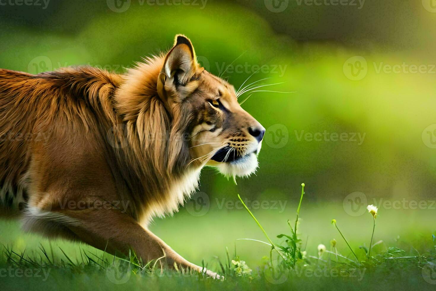 a lion walking through a field of green grass. AI-Generated photo