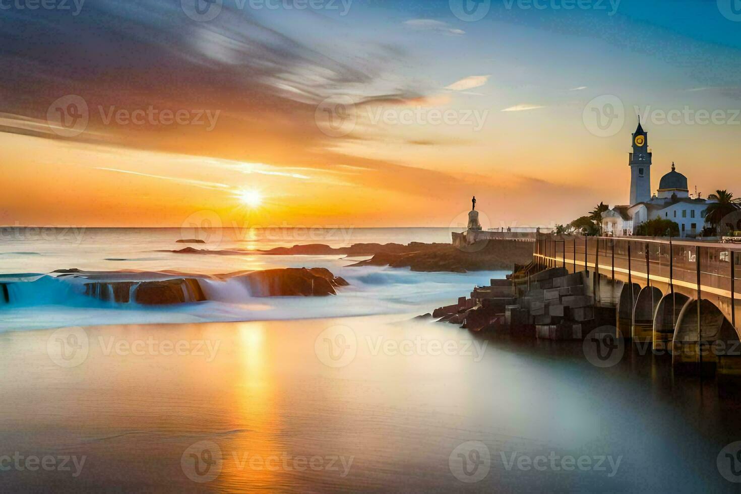 the sun rises over the ocean and a lighthouse. AI-Generated photo