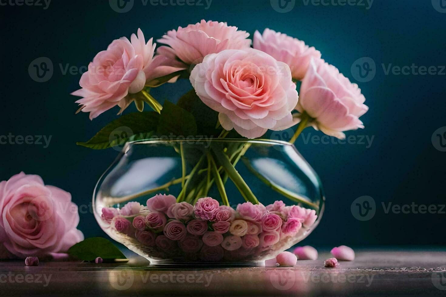 pink roses in a glass vase on a dark table. AI-Generated photo