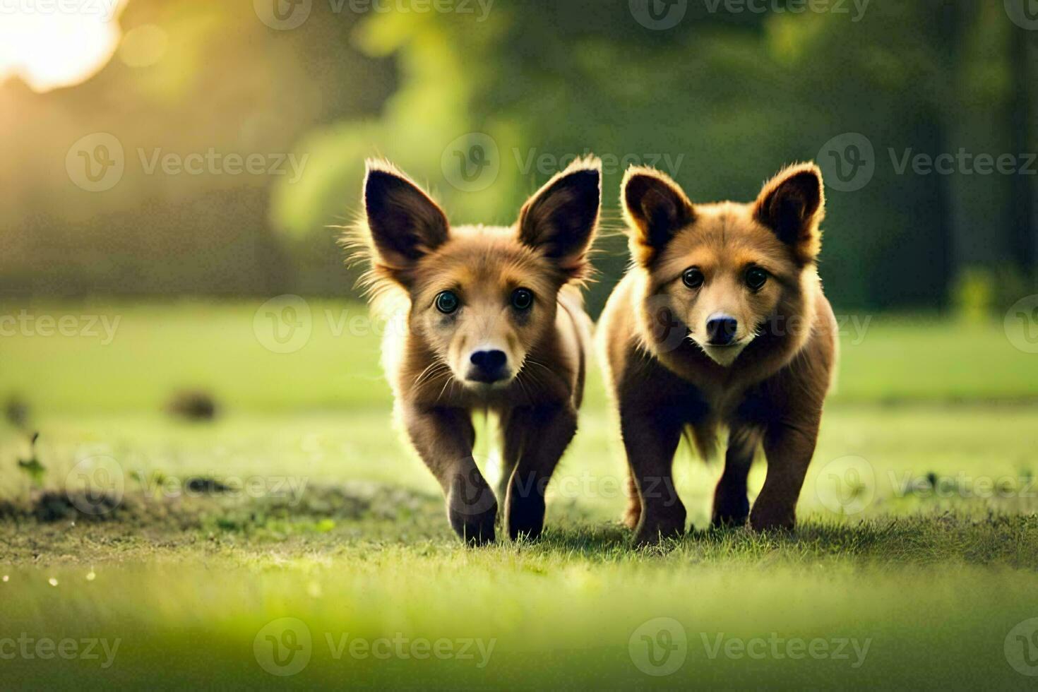 dos marrón perros corriendo en el césped. generado por ai foto