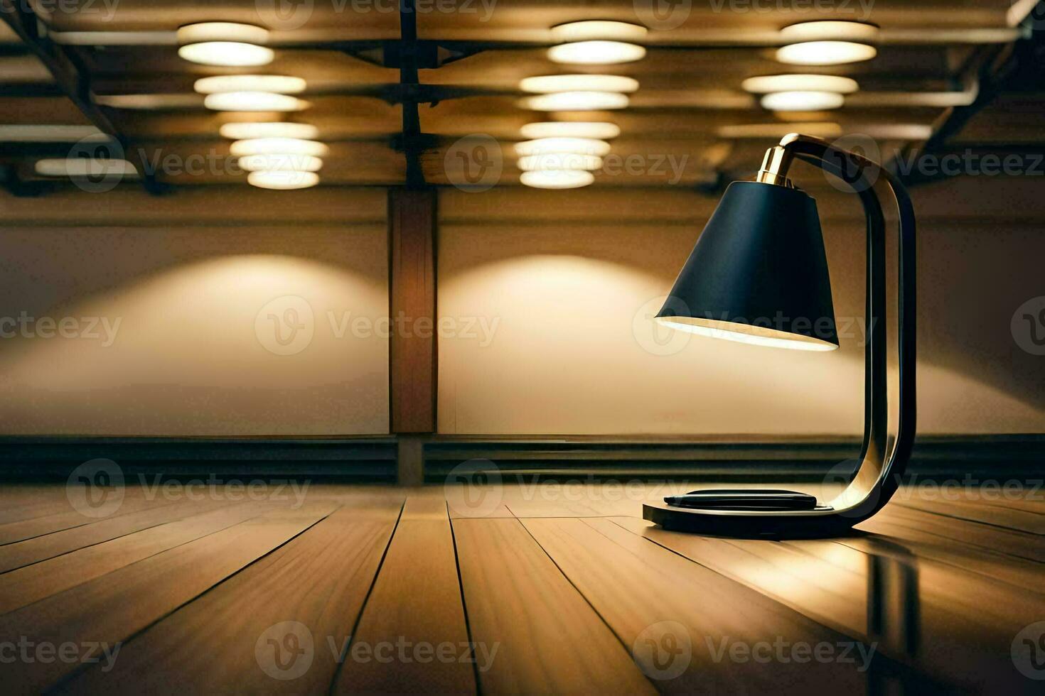 a lamp on a wooden floor in a room. AI-Generated photo