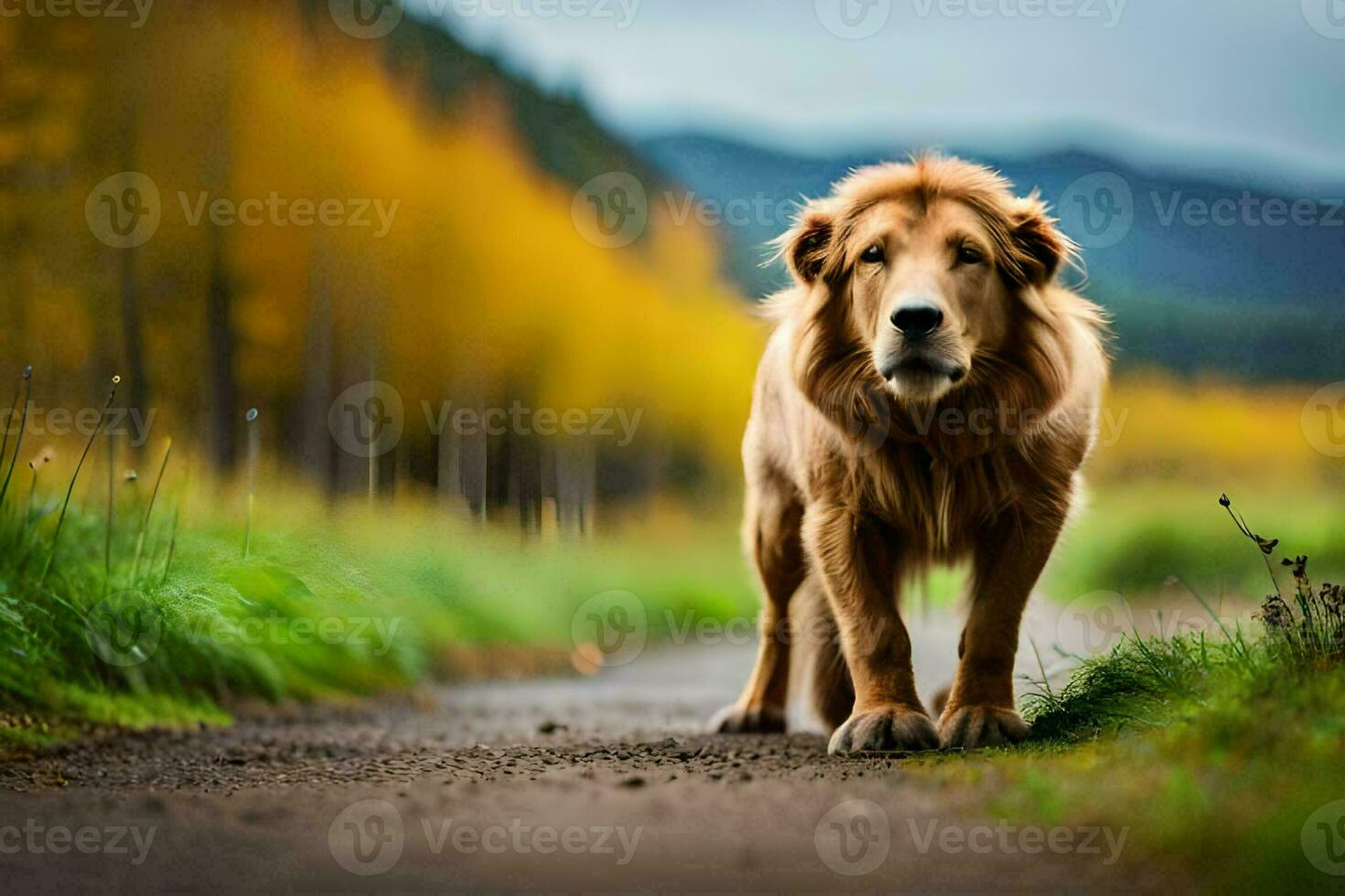 un león caminando abajo un la carretera en el medio de un bosque. generado por ai foto