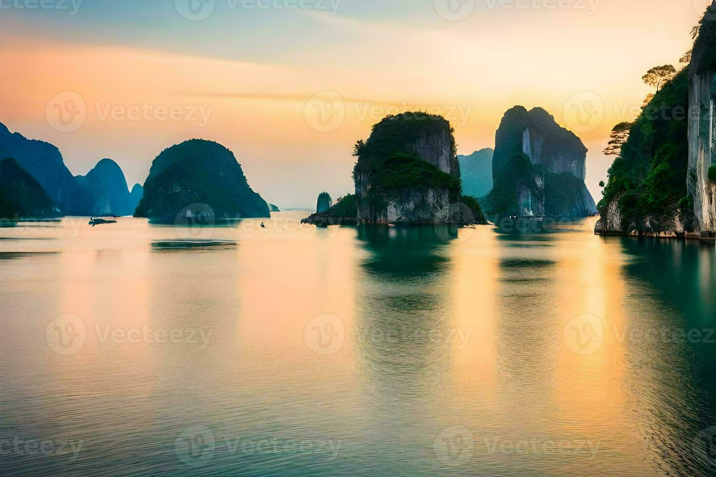 the sun sets over the water in halong bay, vietnam. AI-Generated photo
