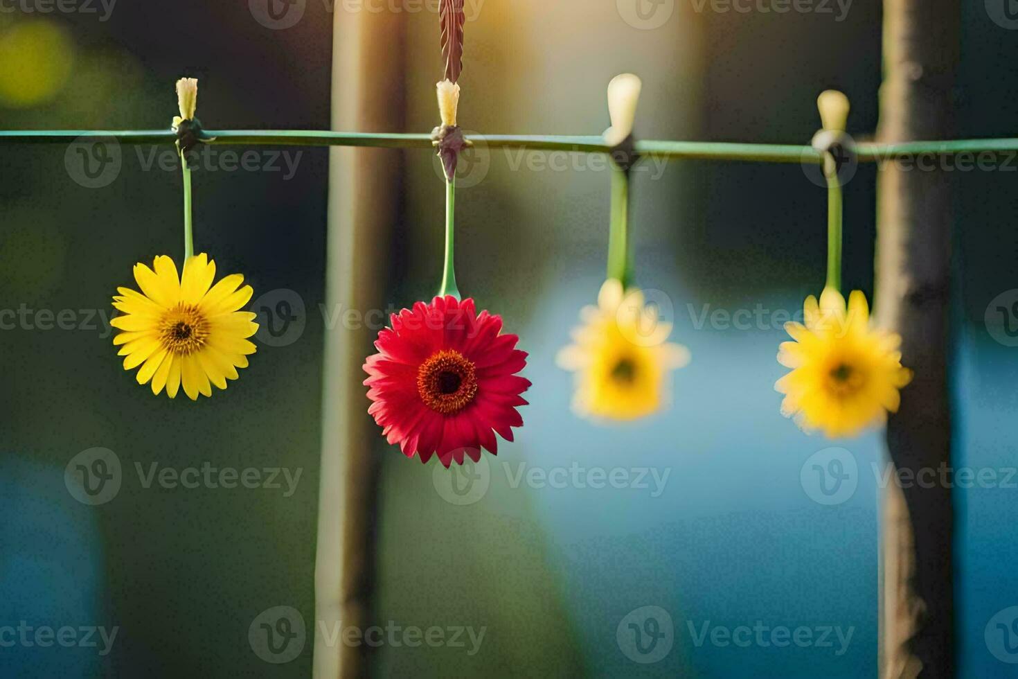 colorful flowers hanging from a clothesline. AI-Generated photo