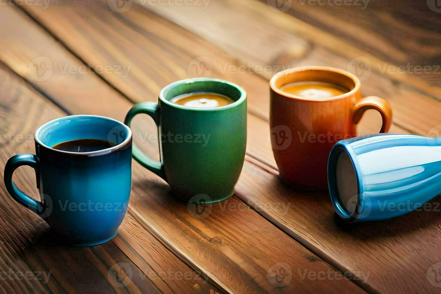 three colorful coffee cups on a wooden table. AI-Generated photo